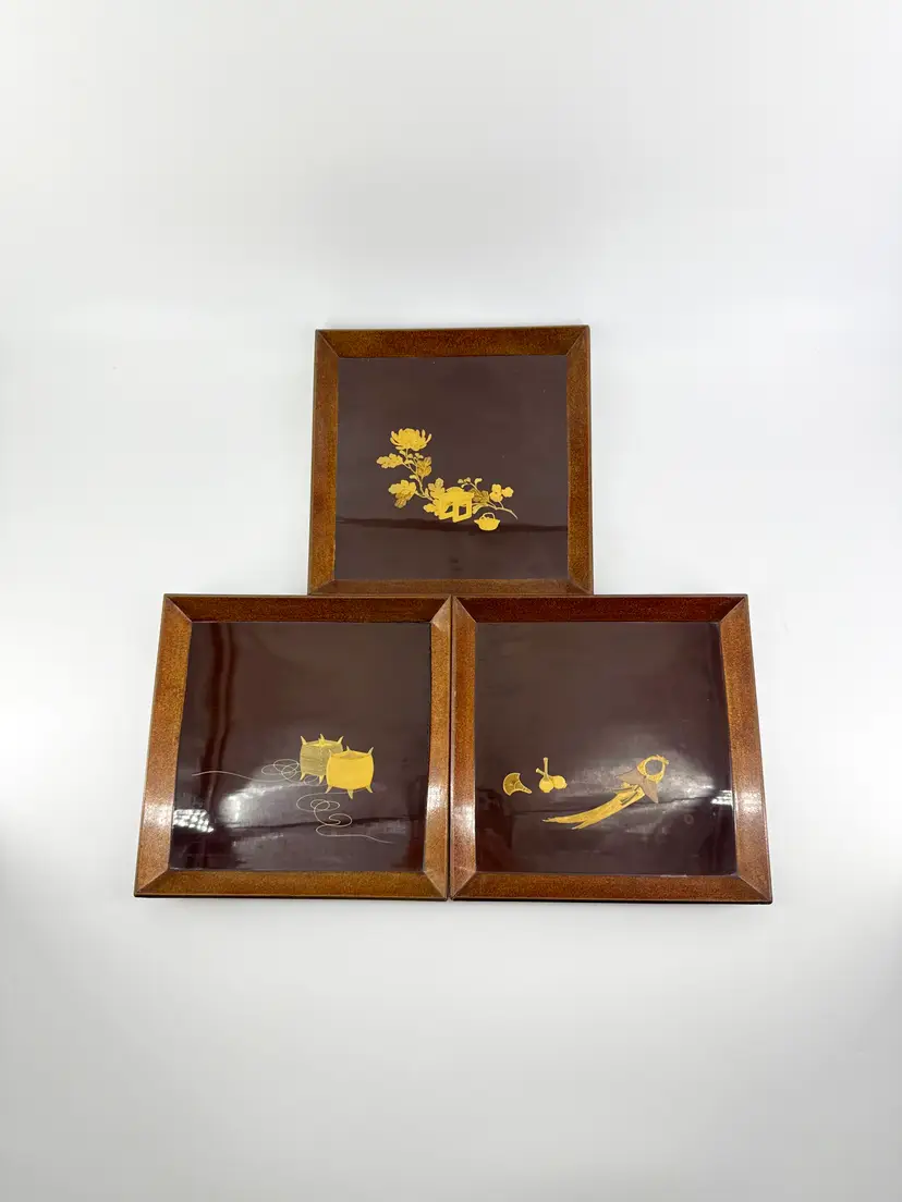 Lot 3 Brown Lacquerware 8.5"x8.5" Oriental Trays