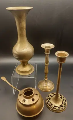 Vintage Brass Lot of Candlestick Holders,Vase, and Simmer Pot