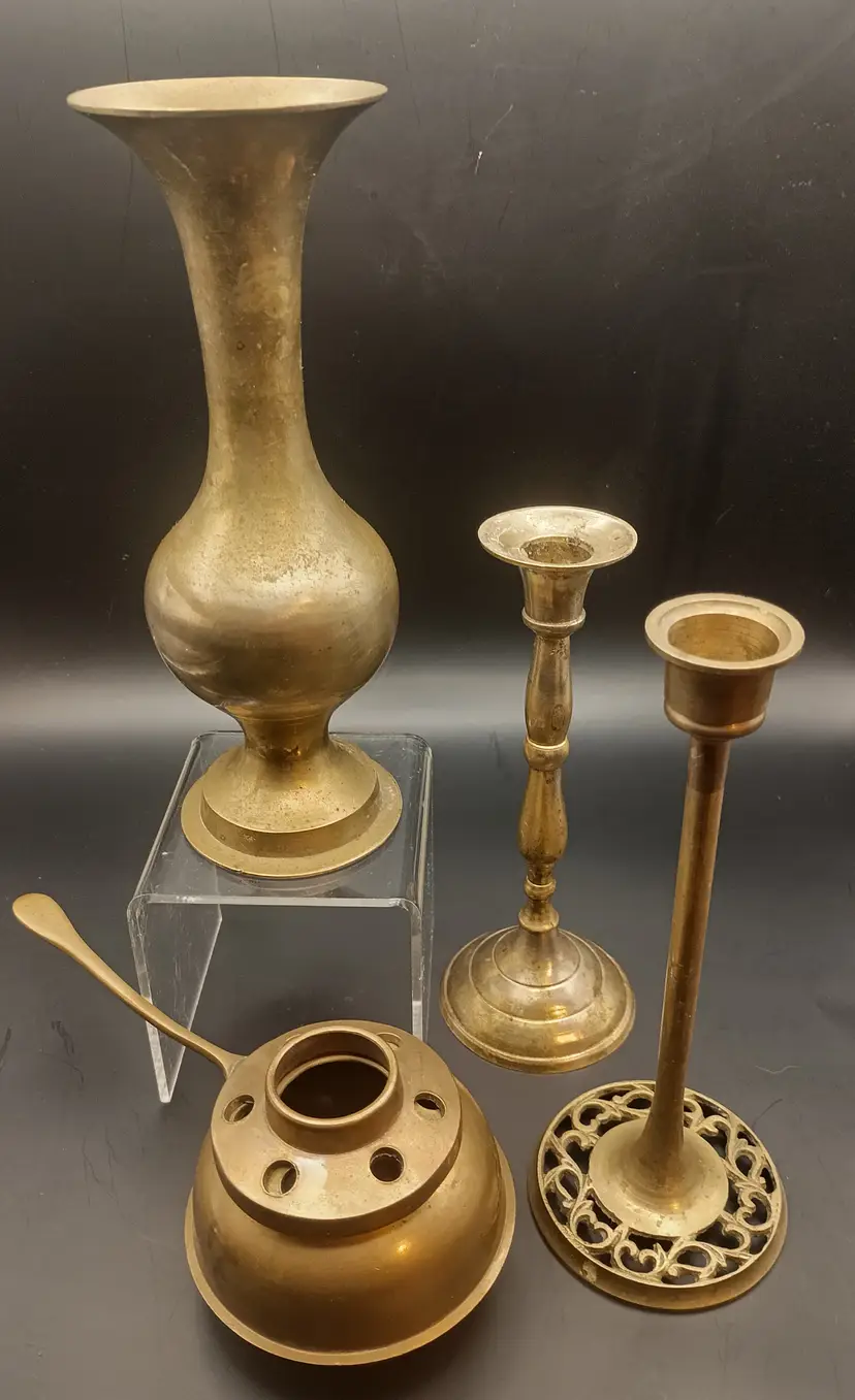 Vintage Brass Lot of Candlestick Holders,Vase, and Simmer Pot