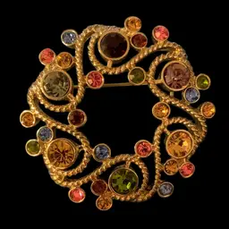 Gold Tone Multicolor Rhinestone Wreath Brooch Condition