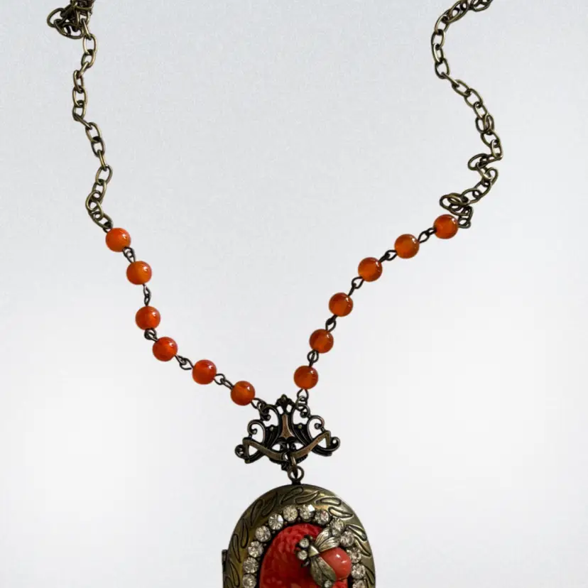 Vintage Locket Necklace Brass Toned With Plastic Beads And A Cute Little Bee 22” Long With A 2” Locket