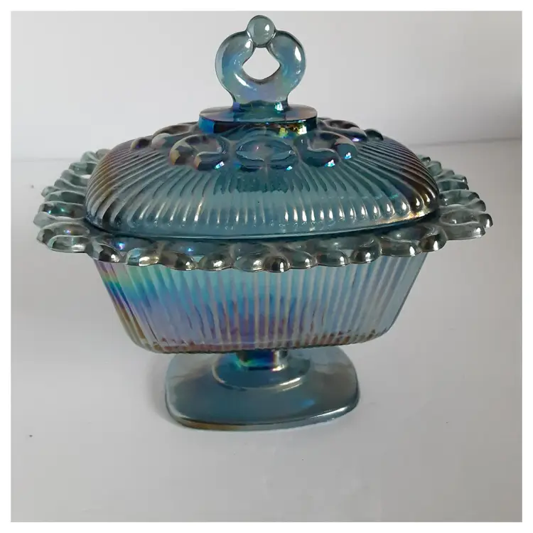 Indiana Glass Blue Carnival Glass Rectangular Candy Dish with Lid