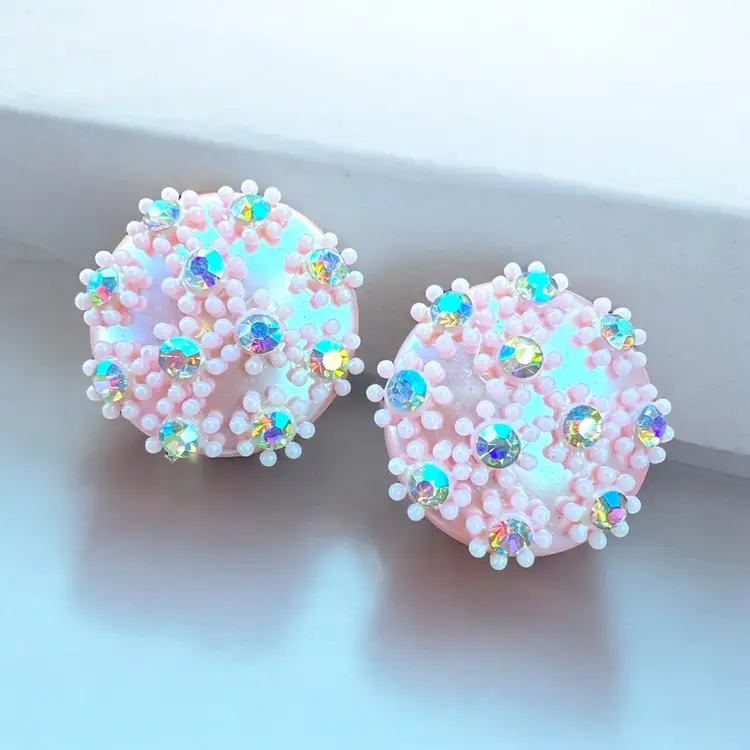 Lucite Clip On Pink Domed Earrings With Flowers & AB Crystal