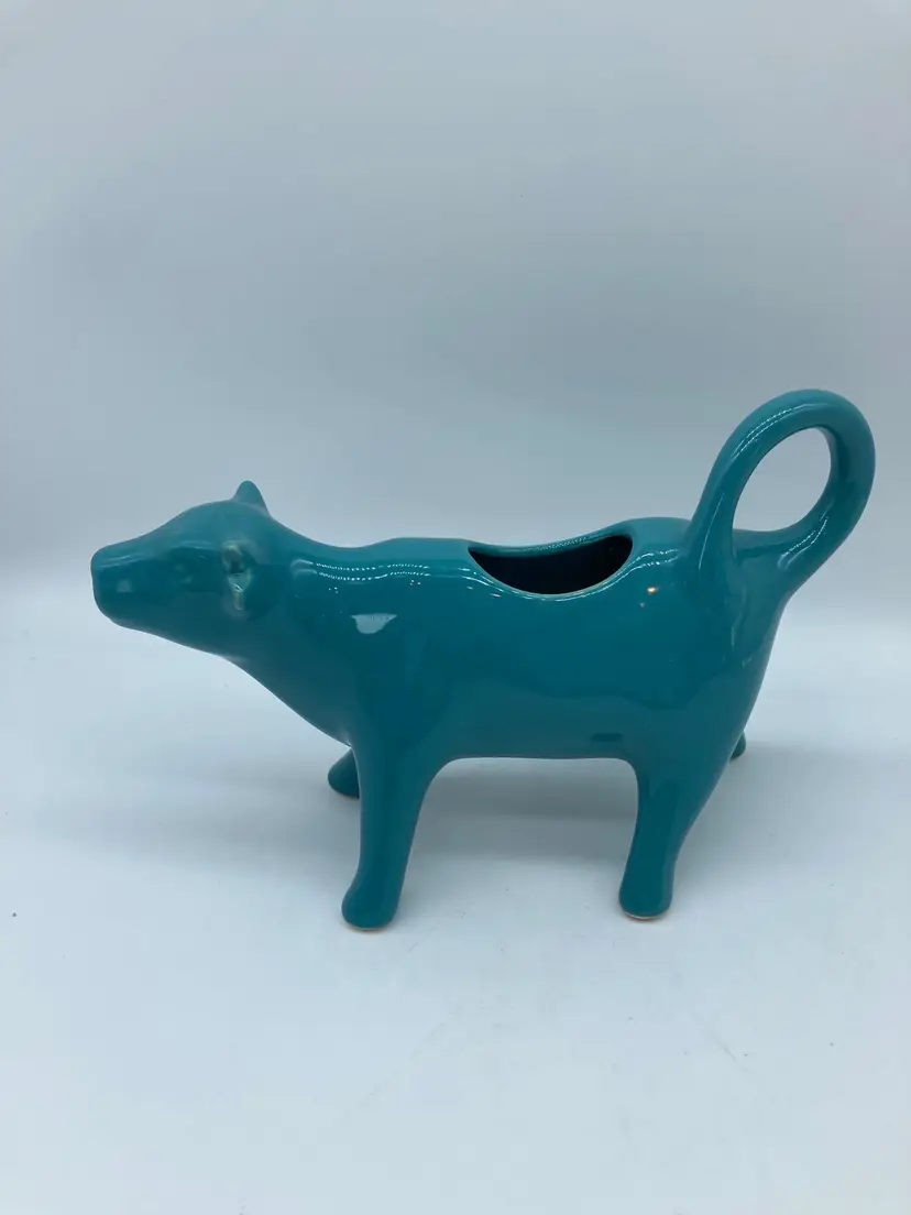 PIONEER WOMAN Teal Blue Ceramic Cow Milk Creamer Pitcher Farmhouse, 7” Long