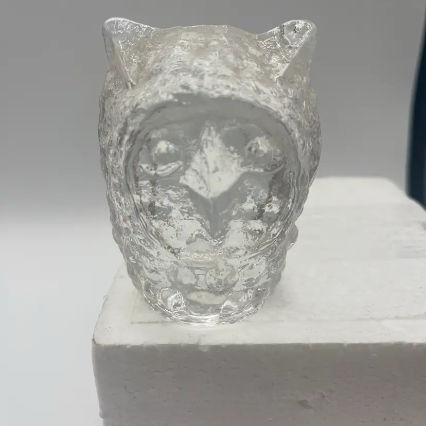 Pukeberg Sweden Art Glass Owl Sculpture Paperweight Clear 3.25”