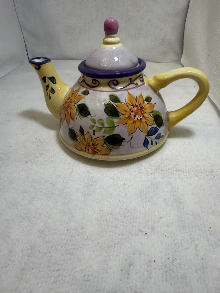 Vintage Personal Size Floral Ceramic Teapot with Yellow and Purple Accents