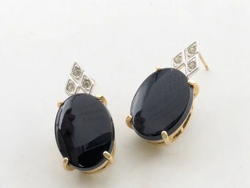 Vintage Gold Tone Black Glass and Rhinestone Accent Pierced Earrings