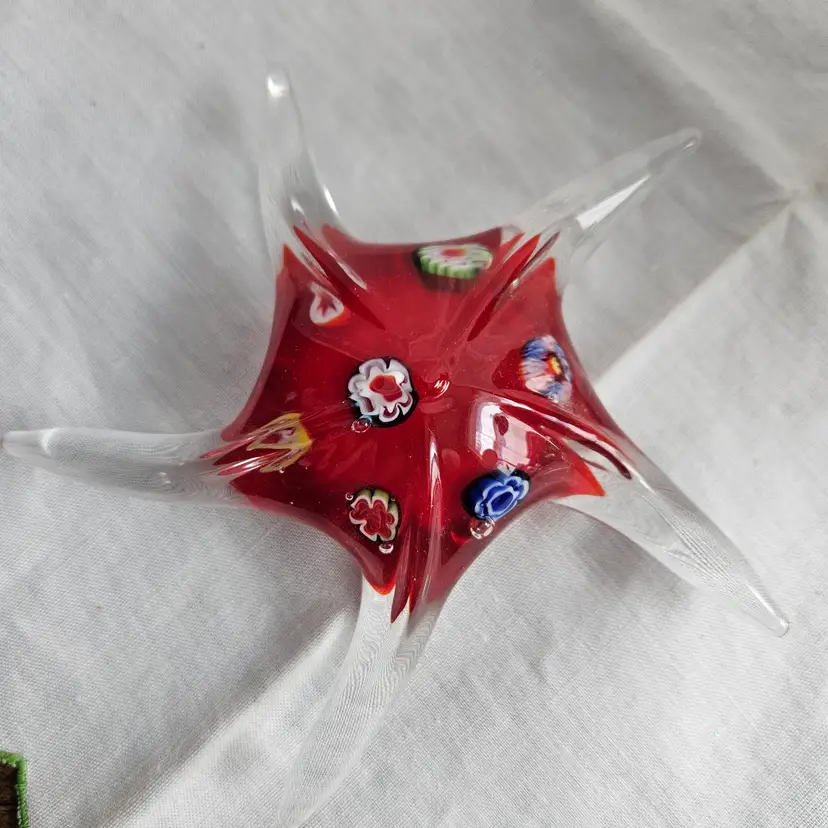 Glass Paperweight Red Blue Starfish 5.5" Red Ocean Sea