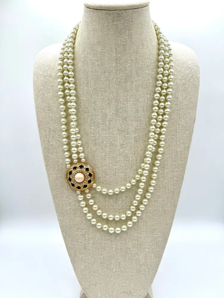 Vintage Triple Strand Glass Pearl Statement Necklace W/ Off Center Focal Bead