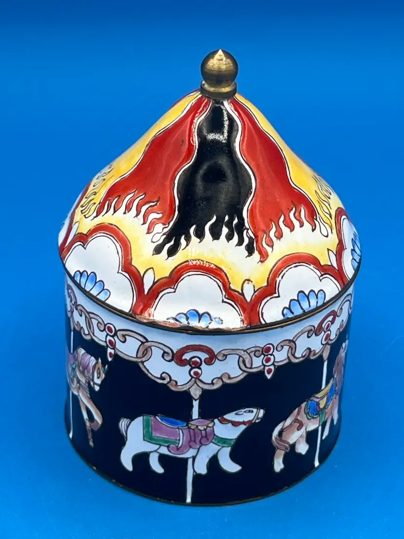 Enamel On Metal Carousel Trinket Box Vintage