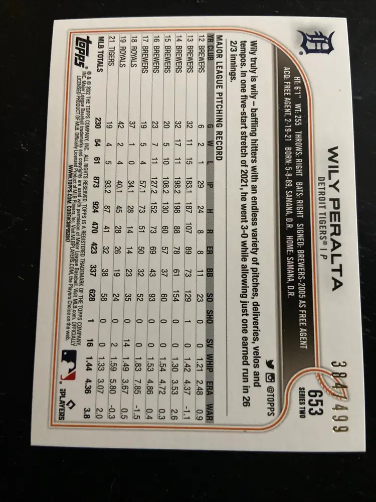 2022 Topps Series 2 Wily Peralta Green Foilboard /499 #653 Baseball Tigers