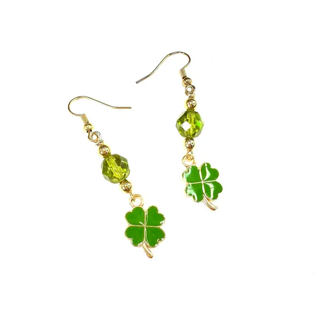 St. Patrick’s Day Lucky Four Leaf Clover Earrings Yellow Green Gold Tone 2” Made By Me