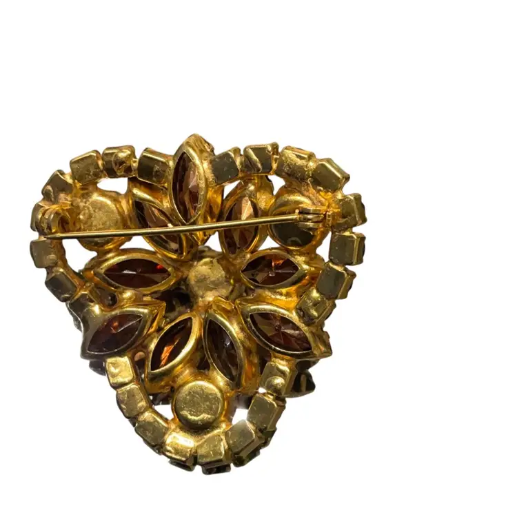 Floral Topaz, Orange And Green Rhinestone Brooch