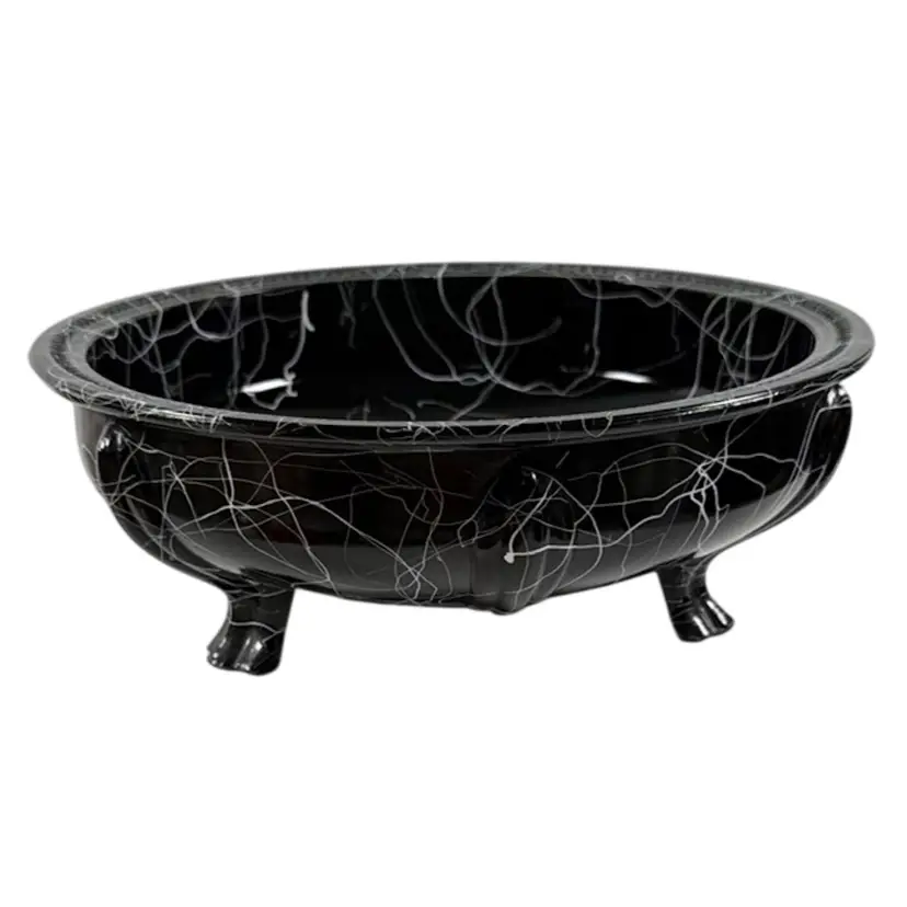 013. Rare Vintage 1930s LE Smith 3-Foot Art Deco Black Glass Bowl with White Spaghetti Accents 9” x 3.25” READ