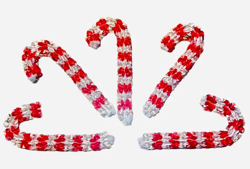 VTG Tri Bead Beaded Christmas Ornaments Lot Of 5 Candy Canes Handmade Red Clear