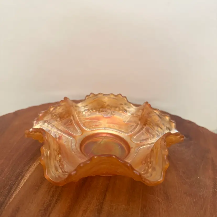 Antique Fenton "Sailboats" Marigold Carnival Glass Ruffled Bowl