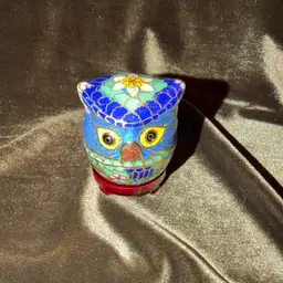 Vintage Cloisonne Enamel Owl Trinket Jewelry Box Brass 2 Inch With stand