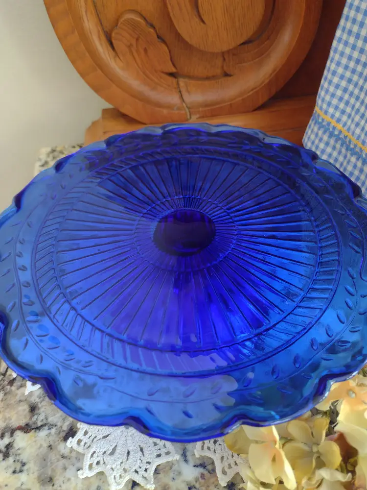 Vintage Laurel Leaf Cobalt Blue Cake Plate, Vintage Cake Stand