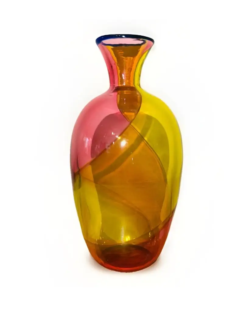 Murano Glass Vase Prometeo Carnevale Signed 7” Pink Orange Yellow Blue Rim UV Glow!