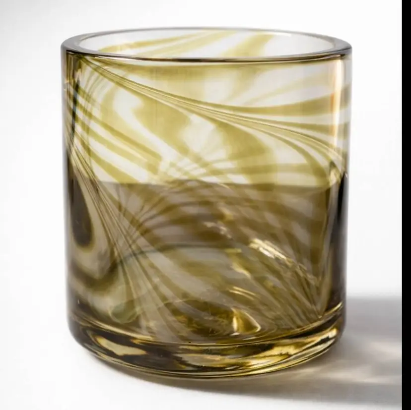 Vtg Boutique Hand Blown Swirled Art Glass Tumbler Olive Green Cream Votive Candle Jar