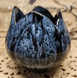 Stunning Signed Anna Van Briggle Pottery Vase Planter Black Tulip w/ Blue Accent