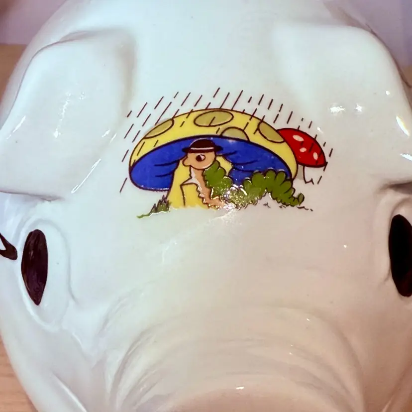 Vintage Nursery Rhyme Ceramic Piggy Bank Featuring Tom Tom The Piper’s Son w Mushrooms Caterpillar