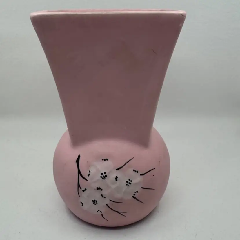 Vintage McCoy pottery vase with pink matte finish and dogwood design. 2 Available For Separate Purchase