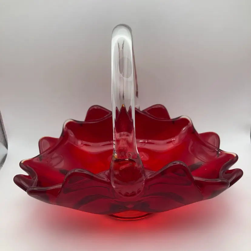 Vintage Viking Epic Double Crimped Amberina Glass Basket! 6 1/2” Tall 7 1/2” Long! UV Glow! 🔥🔥🔥