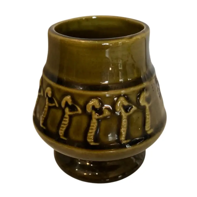 Fun Egyptian Style Vintage Olive Green Pottery Wine Goblet/Vase 3.25”
