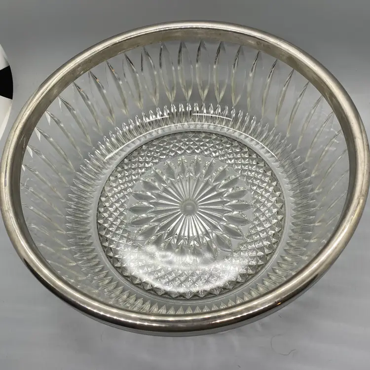 Vintage Crystal Diamond Cut Glass Serving Bowl Silver Plate Rim 3.75" x 9"