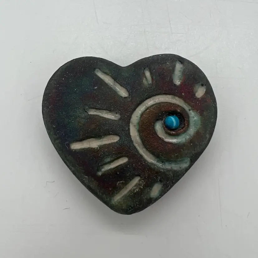 Jeremy Diller Raku Pottery Spiral Sun Heart Medallion Comfort Worry Pocket Meditation Fidget Rock Stone 2”