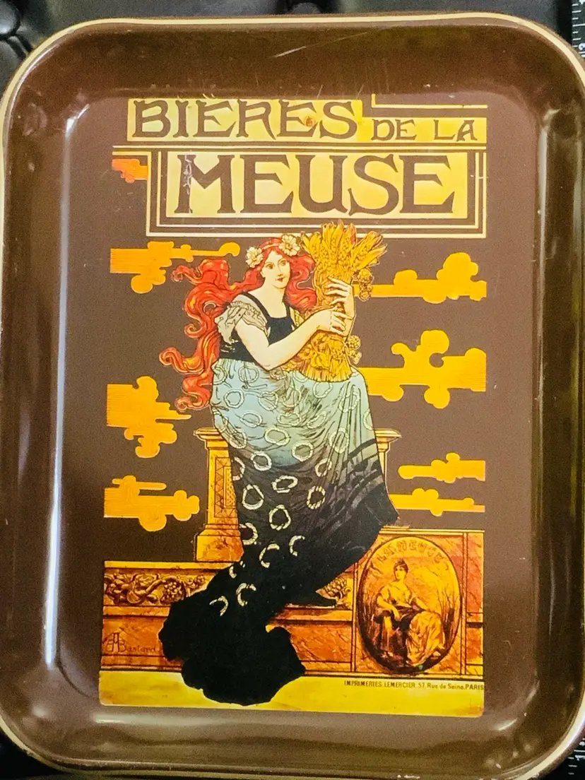 Bieres De La Meuse Metal Tin Serving Tray With Beautiful Redhead Holding A Bouquet Of Wheat NeVCO Made In Honk Kong