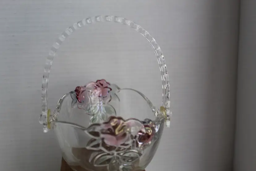 Vintage Mikasa Glass Wedding Basket with Raised Roses and Lucite Handle