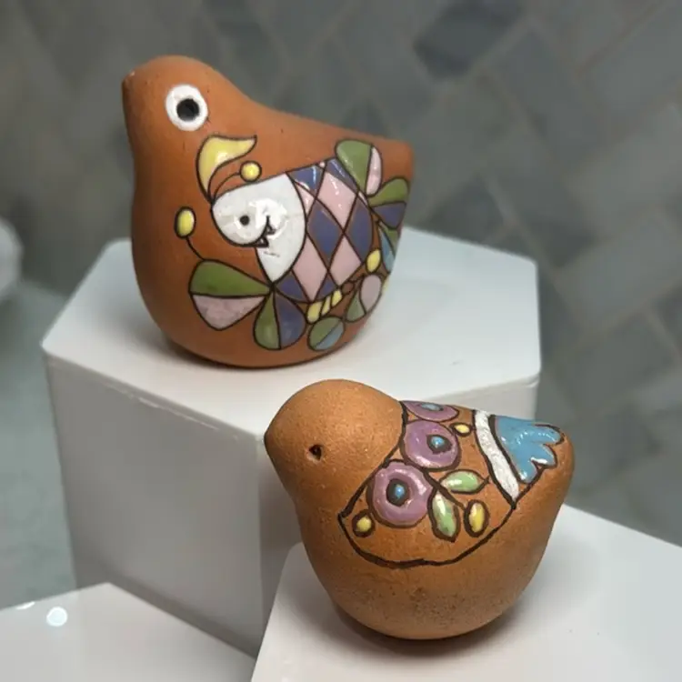 Chilean Pottery Birds, large bird 2.5” & baby bird 2” tall.