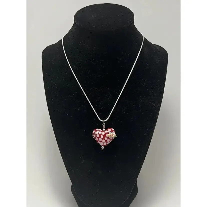 Art Glass Heart Applied Pink Flower Red White Polka Dot Pendant Necklace