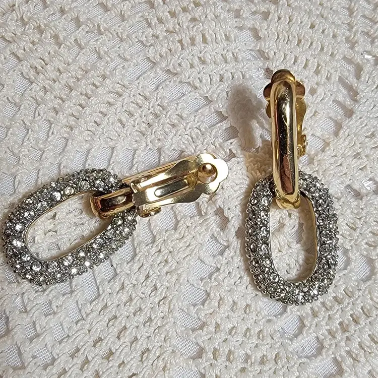Vintage Gold and Rhinestone Hoop Clip-On Earrings