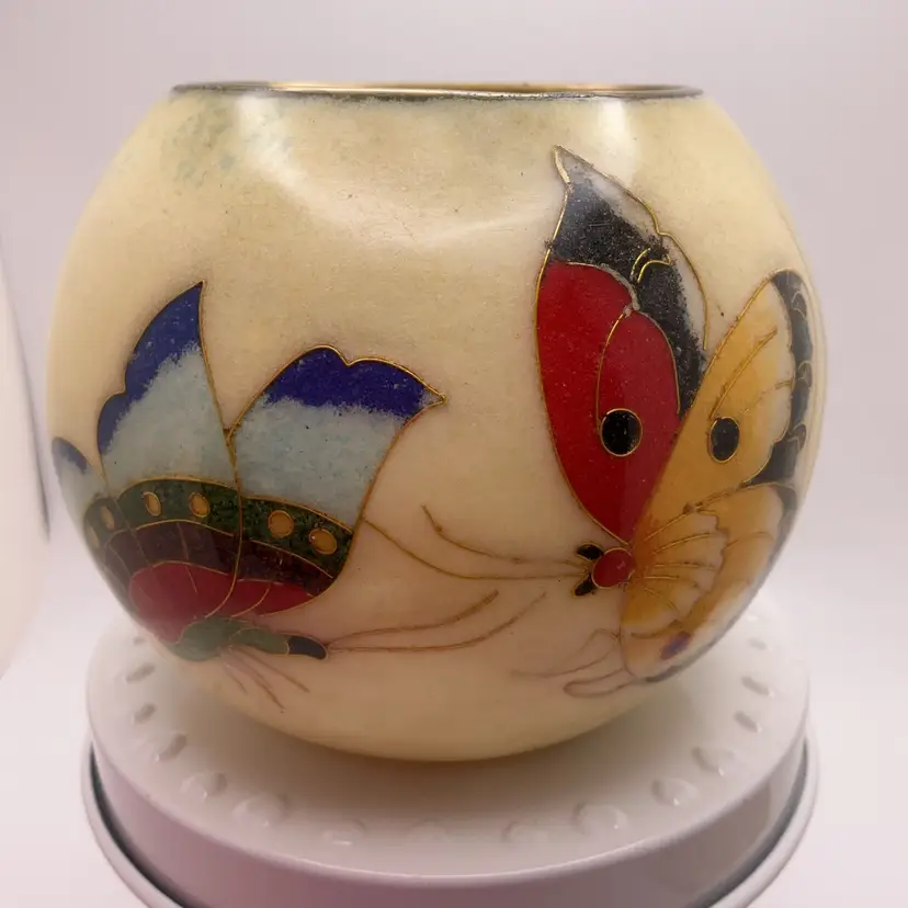 POW1 Butterflies & Floral Cloisonne Vase Votive Candle Holder 3.5"