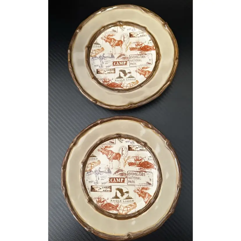 Set of 2 Lodge, Lake Cabin Decor Plates  / Candle Holders 6.25”