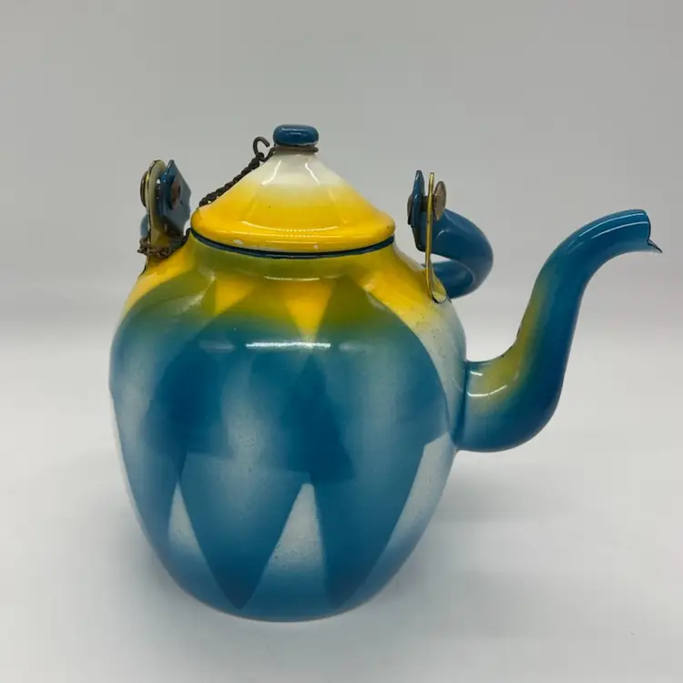 Emo Celje Enamelware Slovenia 12 Kettle Teapot Blue Yellow White Geometric Airbrush