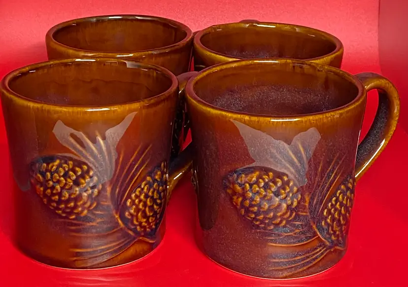 4 Big Sky Carvers Pinecone Stoneware Coffee Mugs Cups Rustic Cabin Brown