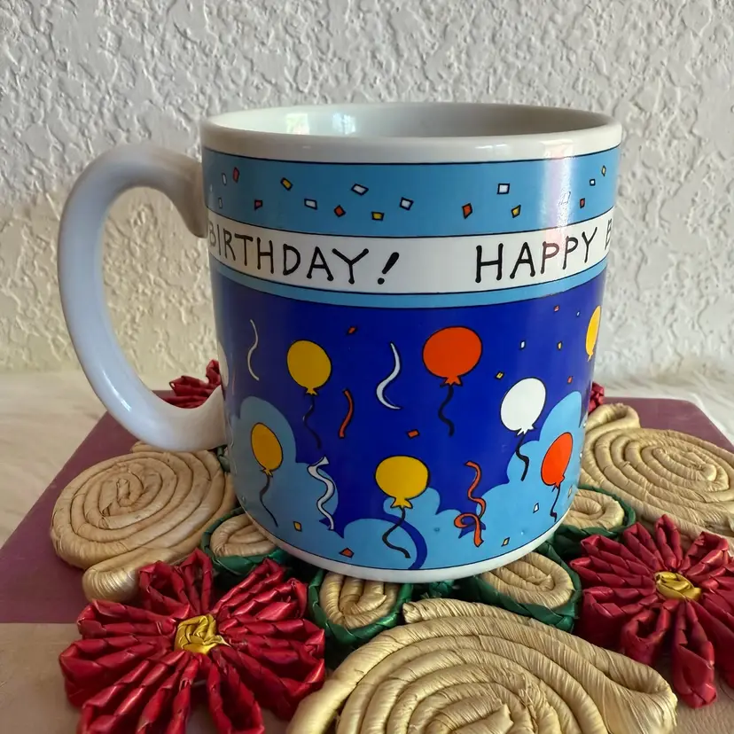 Vintage 1989 Flowers Inc. Balloons Happy Birthday Ceramic Coffee Mug