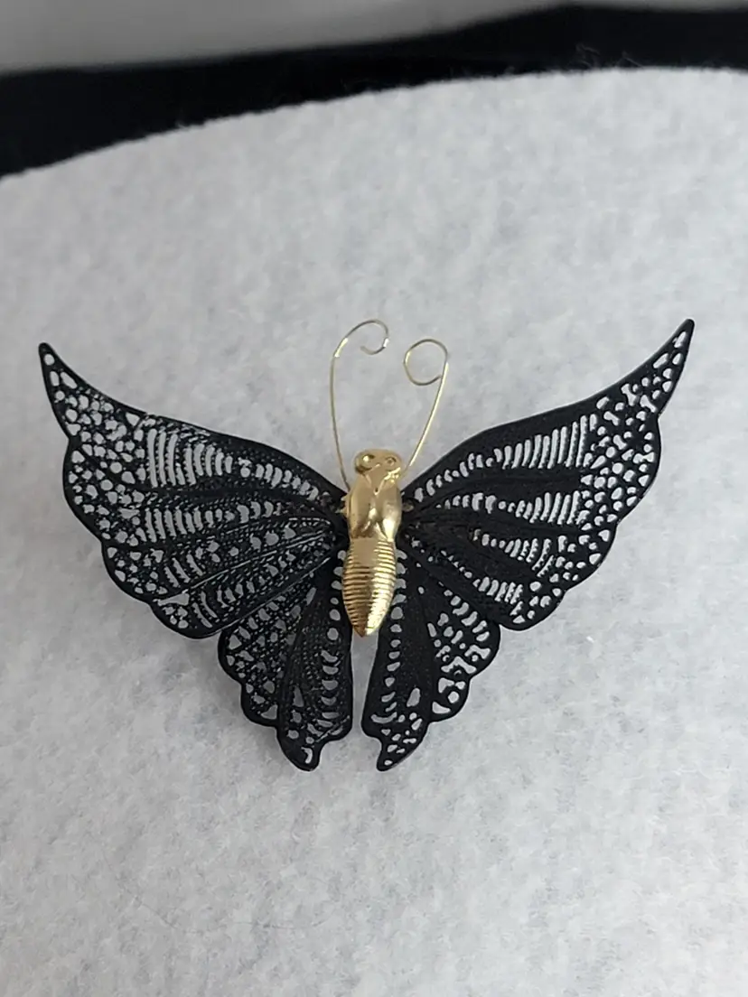 Vintage Black Lace Butterfly Brooch with Gold Accents