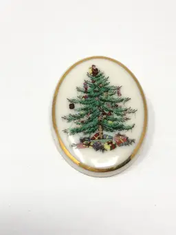 Spode Porcelain Christmas Tree Brooch Gold Trim