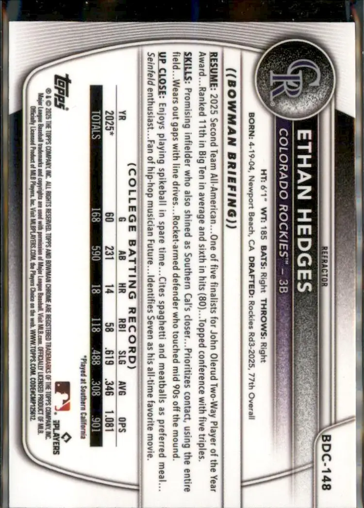 2025 Bowman Draft #BDC-148 Ethan Hedges Chrome Refractor - (138) - Colorado Rockies