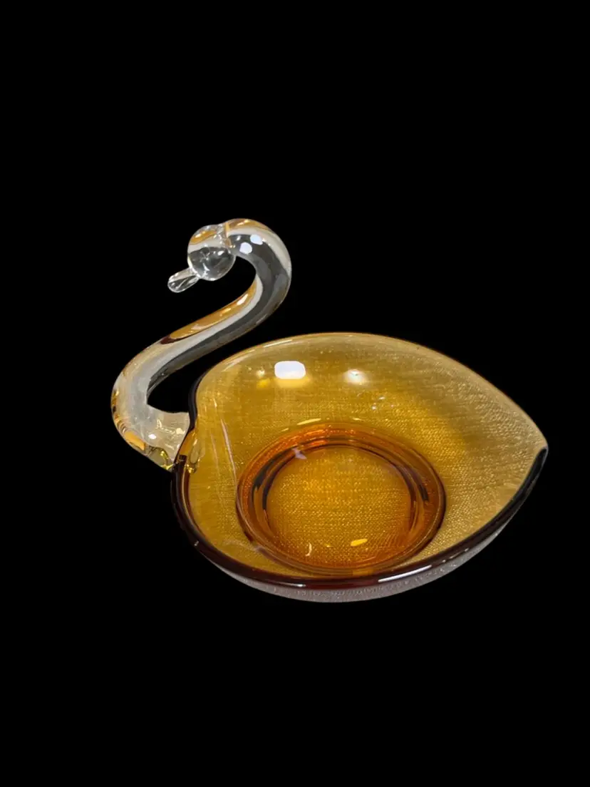 Viking Amber Heart Shaped Bowl Swan w/ Clear Glass Neck & Head