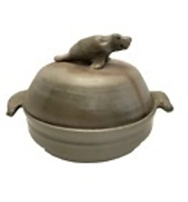 Casserole Dish Pottery Manatee w/ Lid Signed 2003 Art Studio Clay Dish