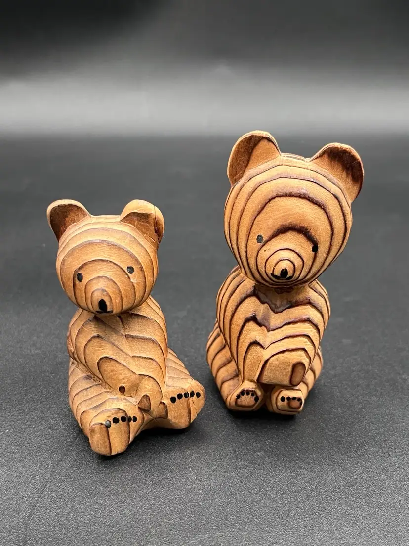 #38 Pair of Small Hand Carved Japanese Folk Art Ainu Kuma Bokko Wooden Bear Figurines 2"