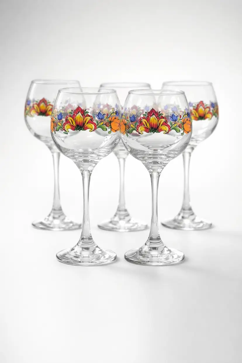 6 Vintage Hand Painted Folk Art Wine Glasses Set Floral Boho Colorful Stemware