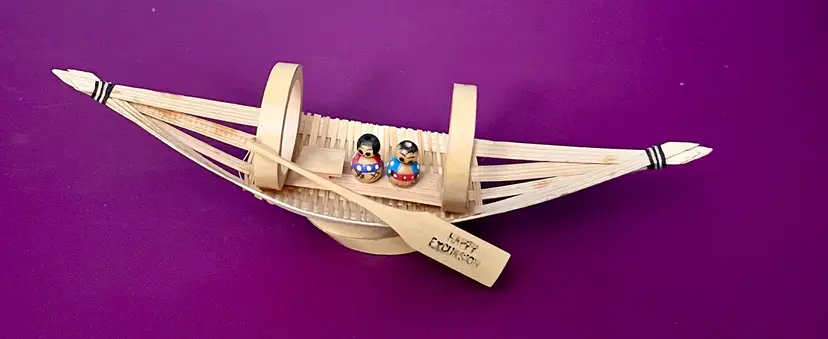 Miniature Kokeshi Dolls In Bamboo Boat Asian Folk Art