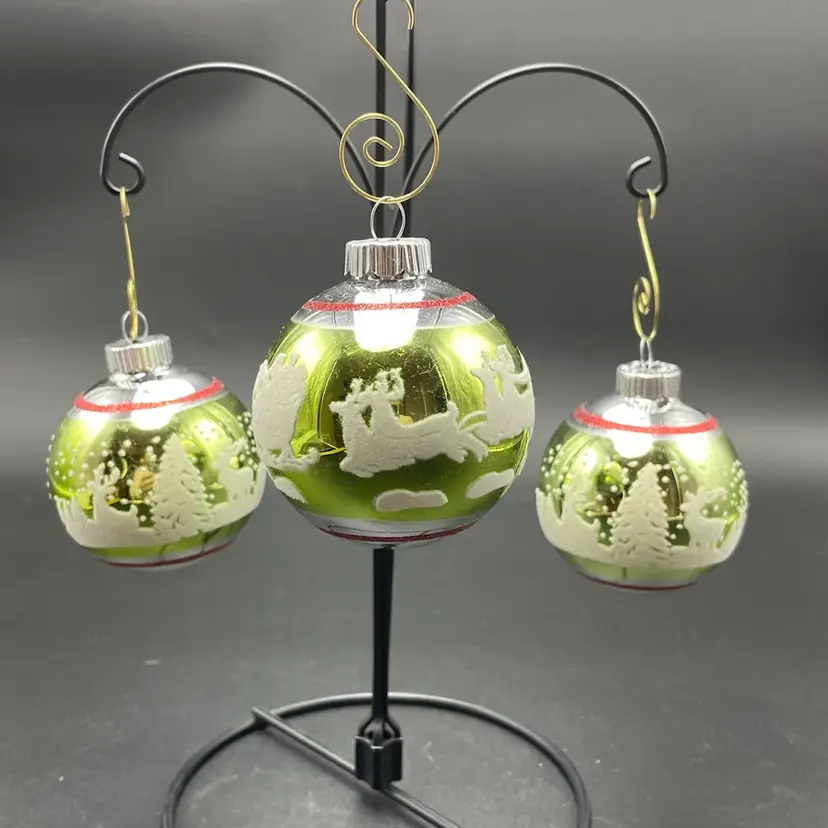 Shiny Brite by Radko Santa Reindeer Glass Ornaments Set of 3 Flocked Stenciled